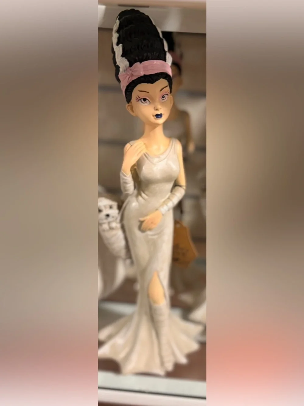 Elegant bride of Frankenstein Figurine in Cream and Black with Pink Headband